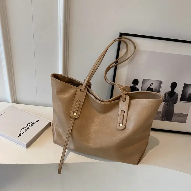 Korean Style Brown Leather Tote Bag for Women - Image 7