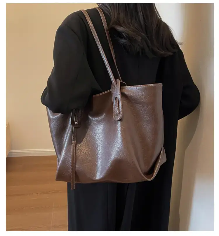 Korean Style Brown Leather Tote Bag for Women β feature 1