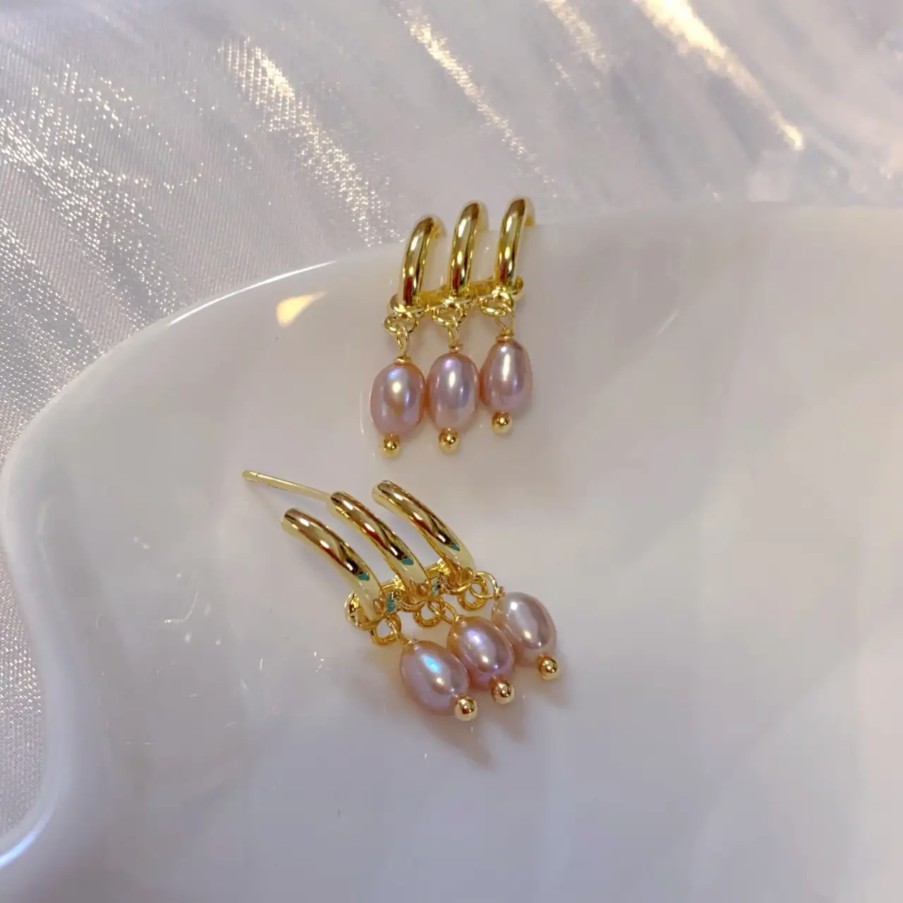 Long Silver Needle Earrings with Lavender Pearl Design