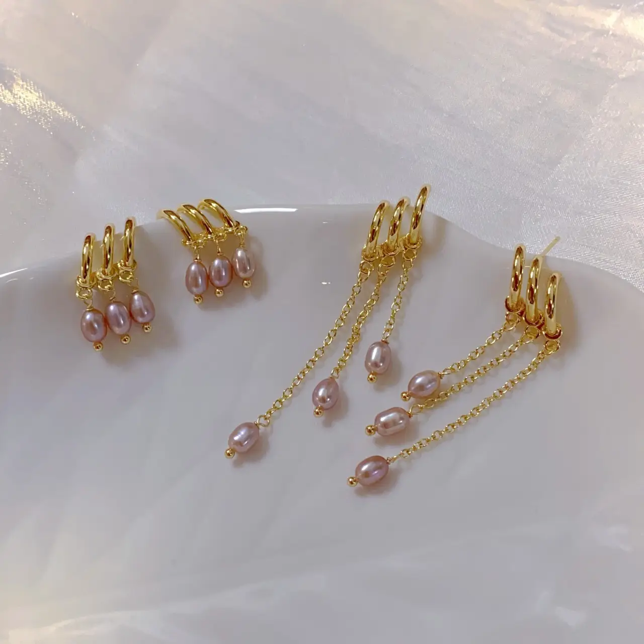 Long Silver Needle Earrings with Lavender Pearl Design — feature 5