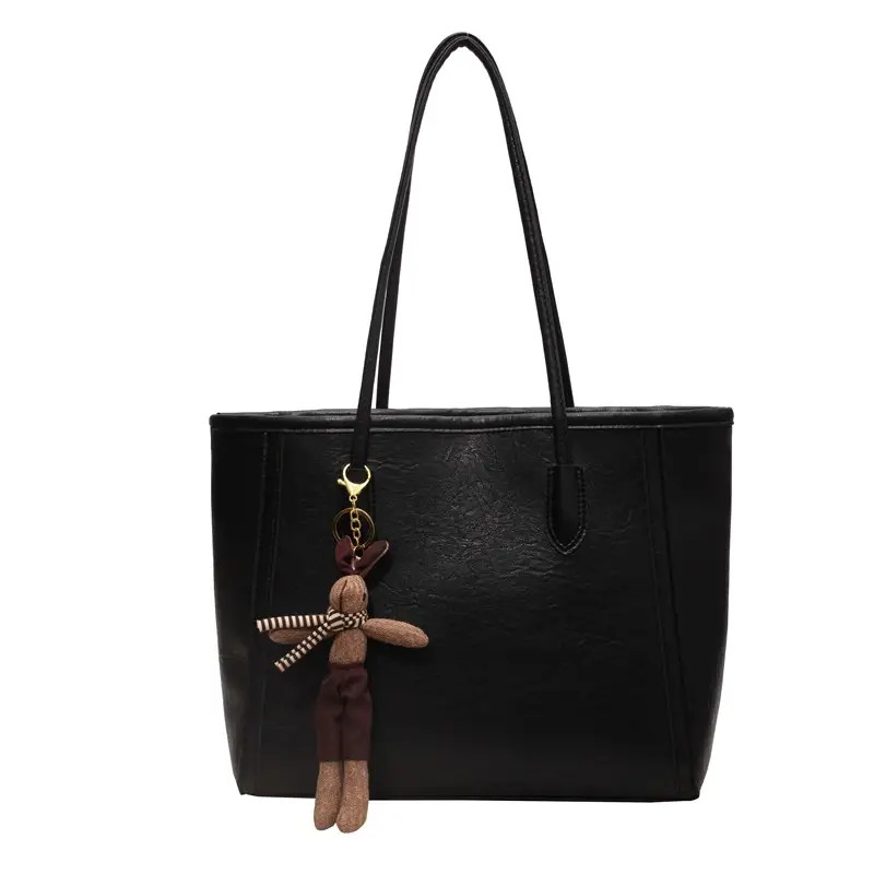Women's Black Leather Shoulder Bag with Keychain - Image 10