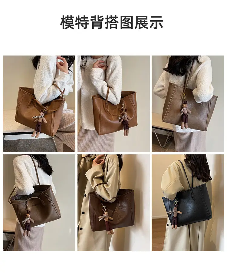 Women's Black Leather Shoulder Bag with Keychain — feature 13