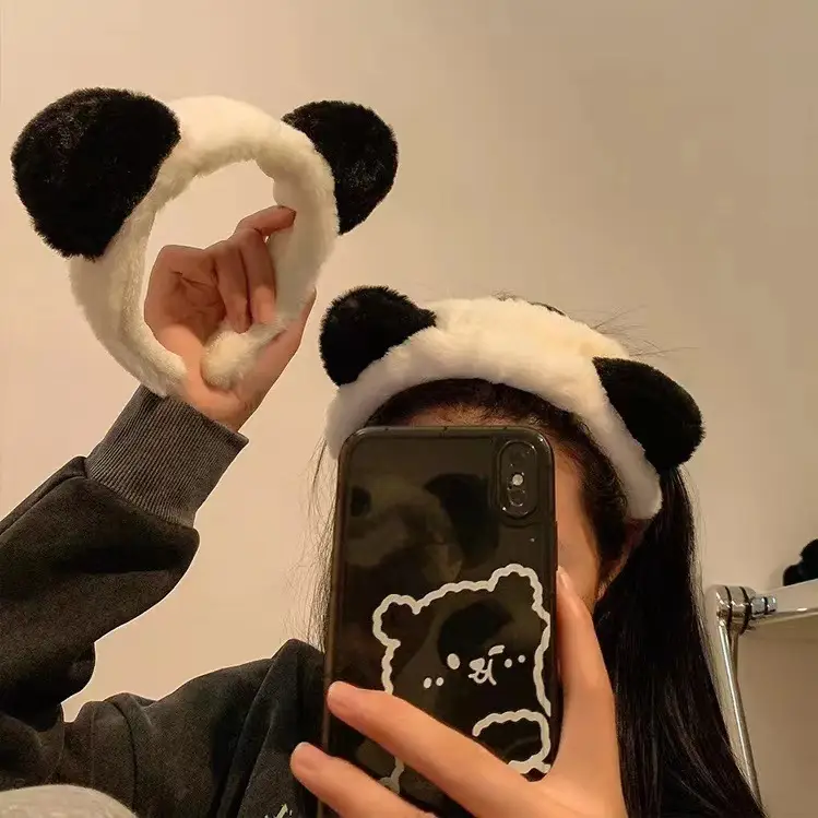 Cute Bear Ears Face Wash Headband Plush Black White — feature 2