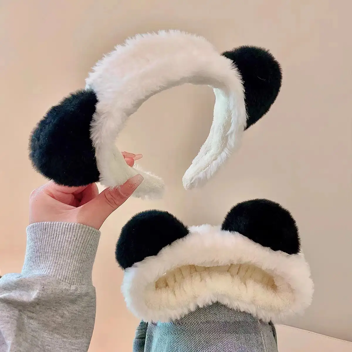 Cute Bear Ears Face Wash Headband Plush Black White - Image 5