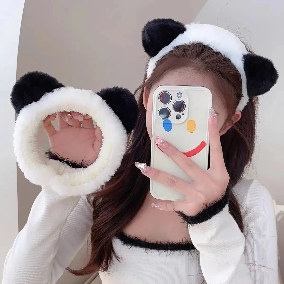 Cute Bear Ears Face Wash Headband Plush Black White — feature 5