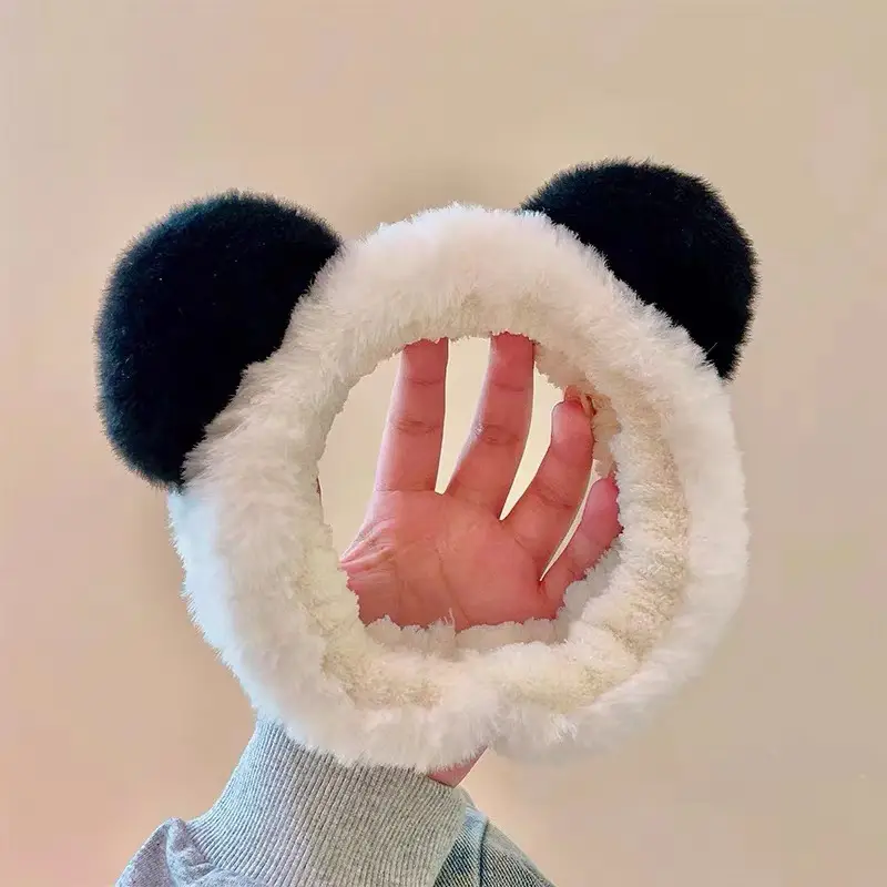 Cute Bear Ears Face Wash Headband Plush Black White - Image 2