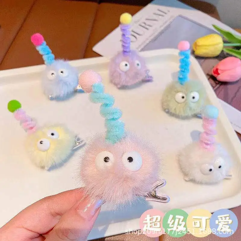 Pink Plush Hairpin with Blue Pom Pom