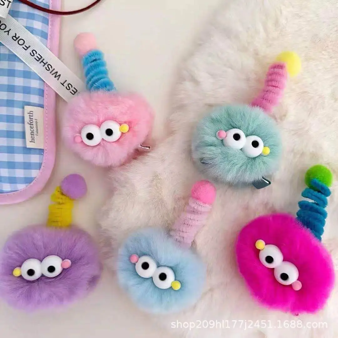 Pink Plush Hairpin with Blue Pom Pom