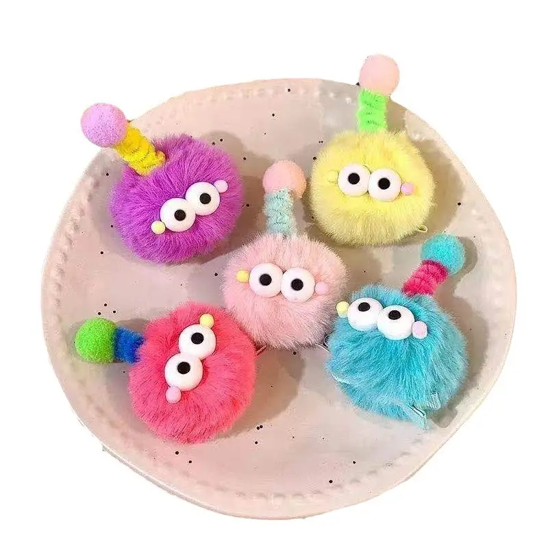 Pink Plush Hairpin with Blue Pom Pom