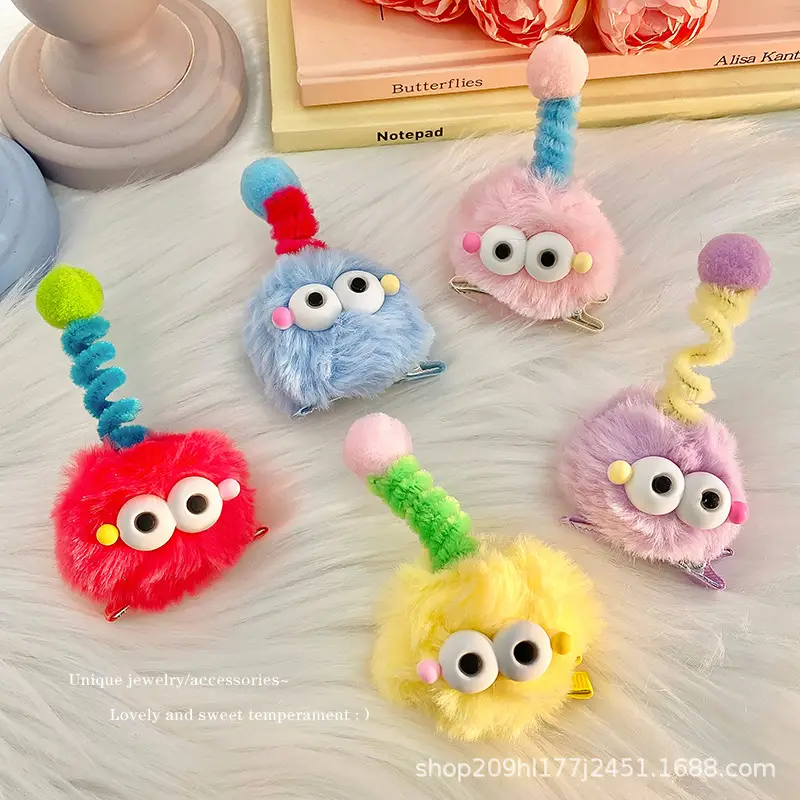 Pink Plush Hairpin with Blue Pom Pom — feature 5