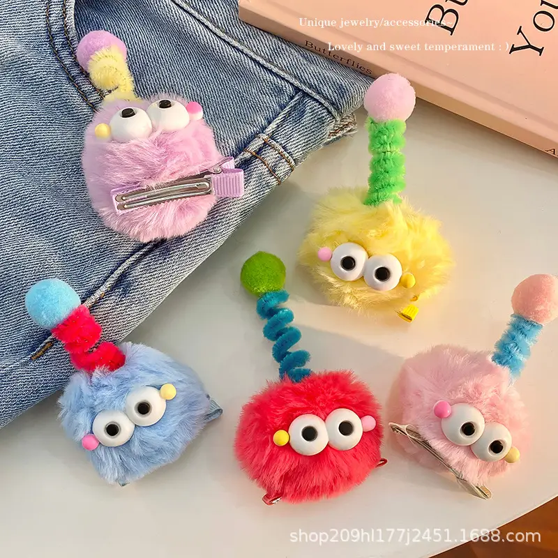 Pink Plush Hairpin with Blue Pom Pom — feature 6