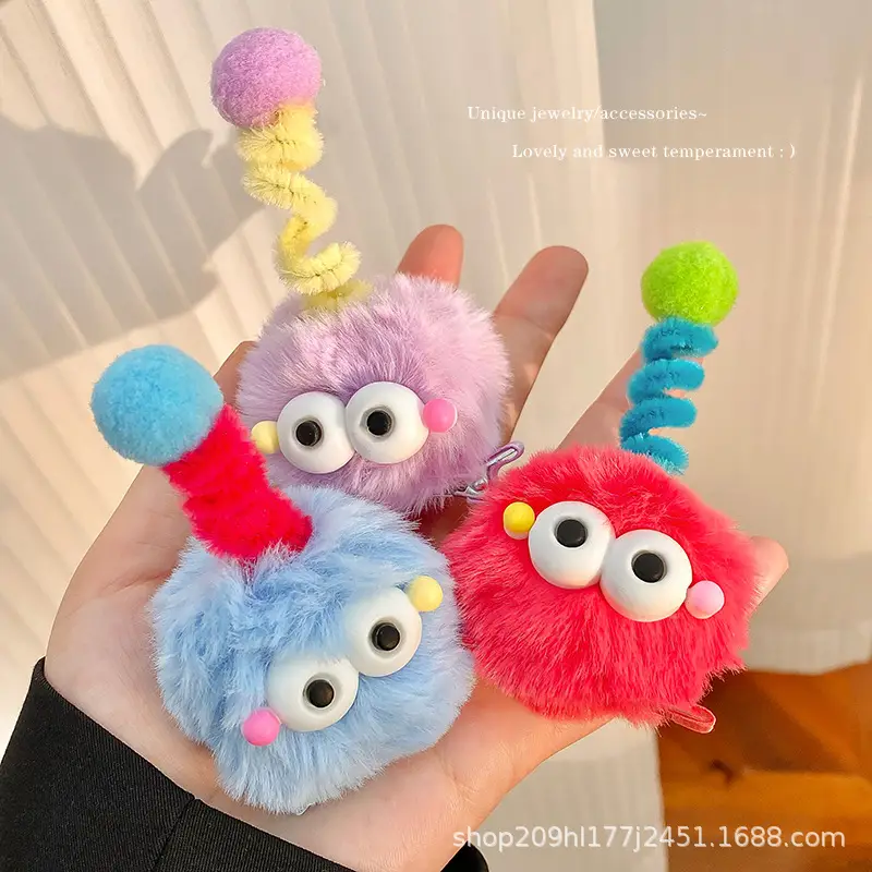 Pink Plush Hairpin with Blue Pom Pom — feature 7