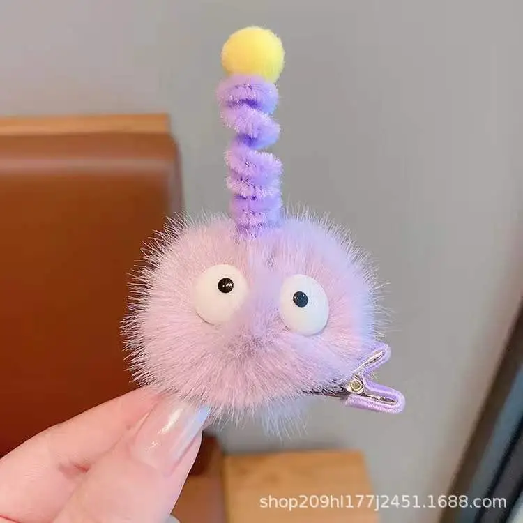 Pink Plush Hairpin with Blue Pom Pom