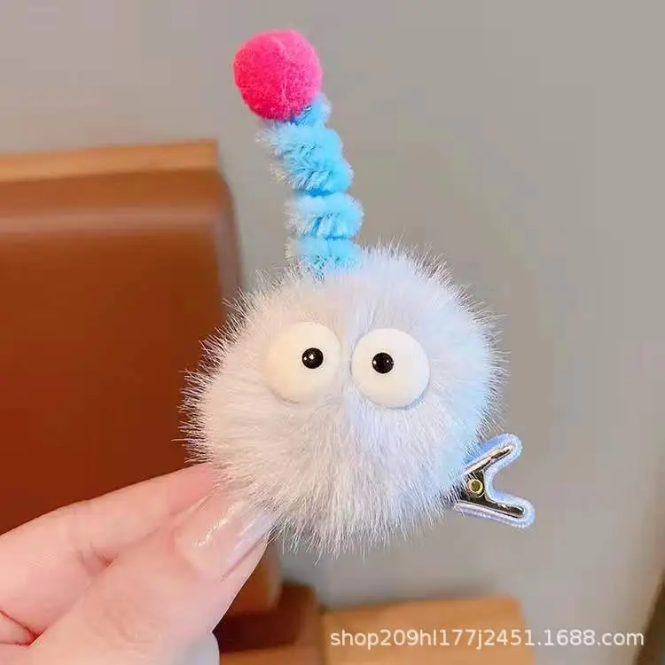Pink Plush Hairpin with Blue Pom Pom