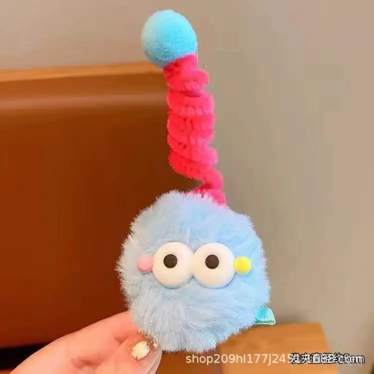 Pink Plush Hairpin with Blue Pom Pom