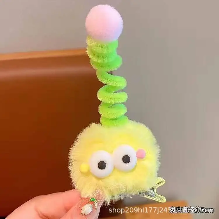 Pink Plush Hairpin with Blue Pom Pom