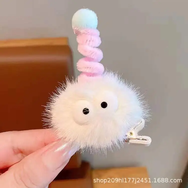 Pink Plush Hairpin with Blue Pom Pom