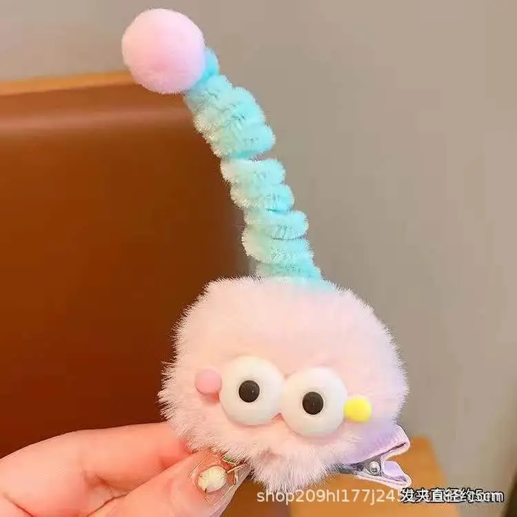 Pink Plush Hairpin with Blue Pom Pom