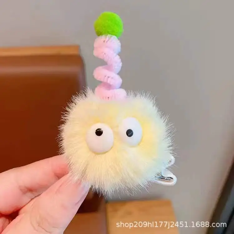 Pink Plush Hairpin with Blue Pom Pom