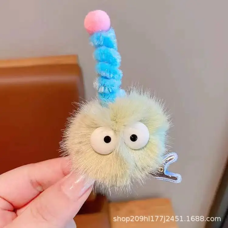 Pink Plush Hairpin with Blue Pom Pom
