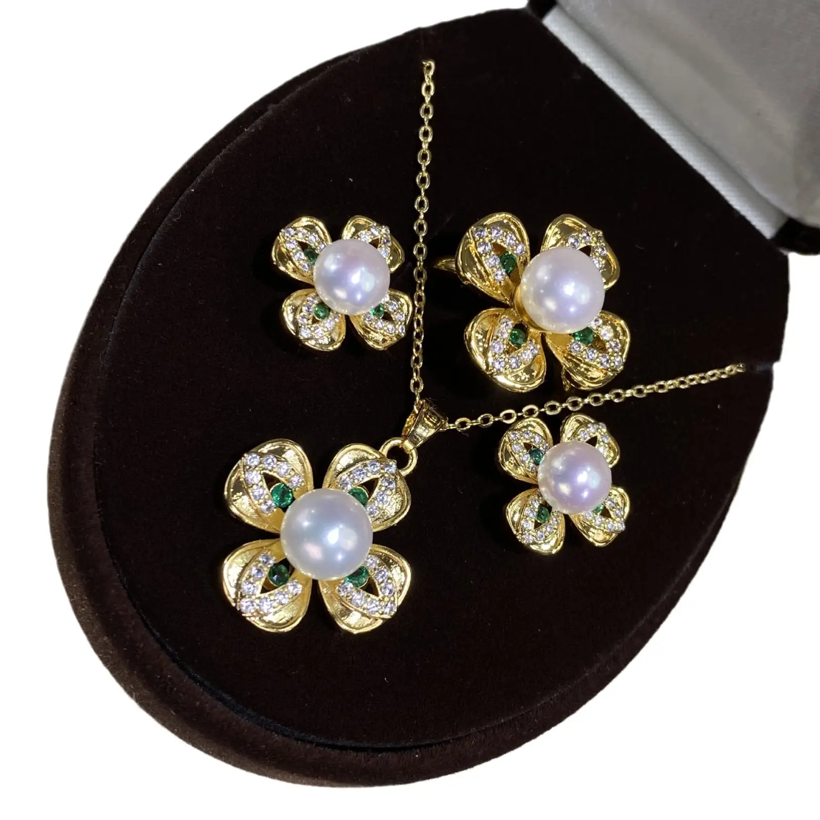 2025 Green Four-Leaf Clover Pearl Earrings Set S925 - Image 5