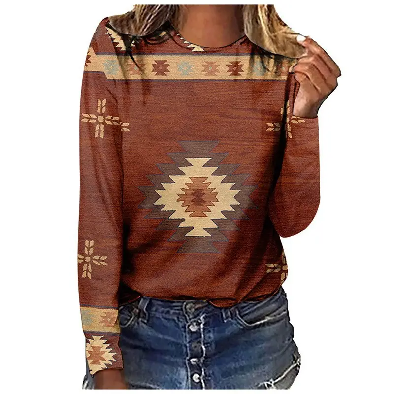 Cross-border European size long-sleeved T-shirt retro series 3D printed women's street long-sleeved sports T-shirt top Western Yama