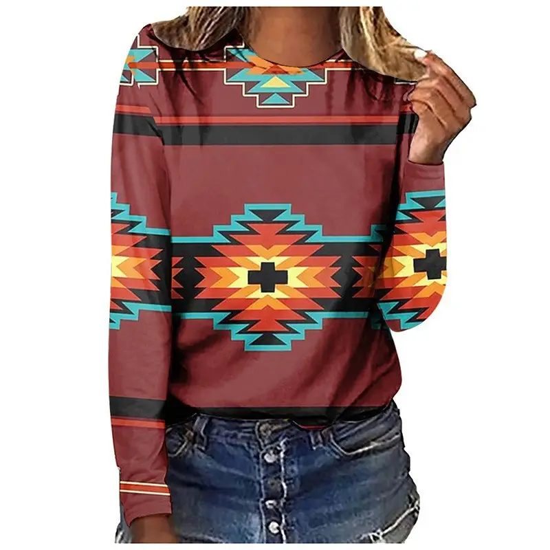 Cross-border European size long-sleeved T-shirt retro series 3D printed women's street long-sleeved sports T-shirt top Western Yama