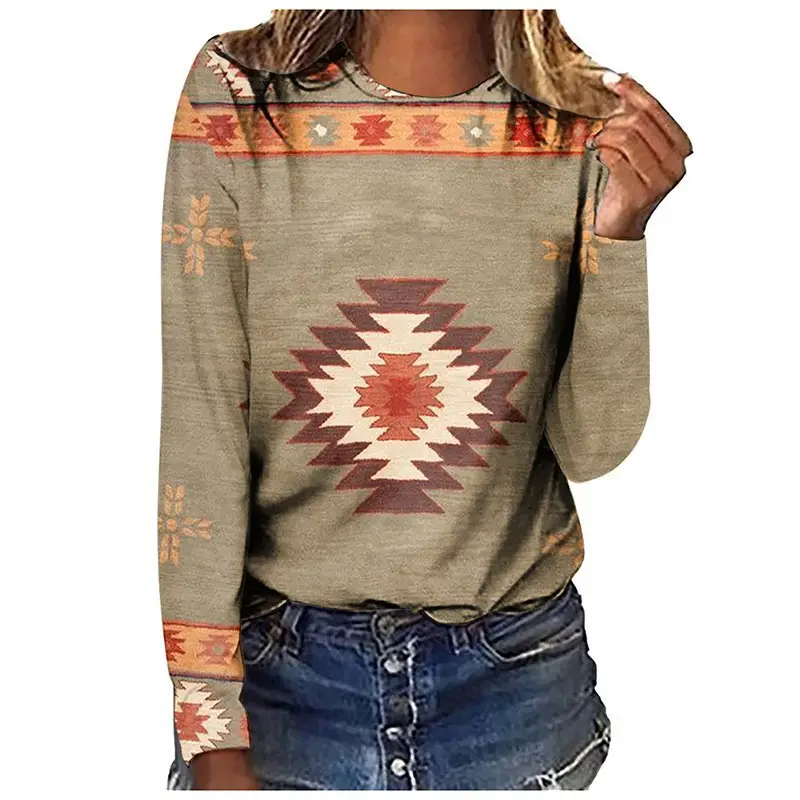 Cross-border European size long-sleeved T-shirt retro series 3D printed women's street long-sleeved sports T-shirt top Western Yama — feature 10