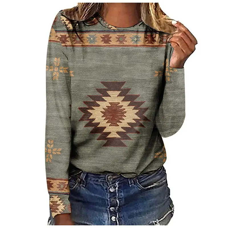 Cross-border European size long-sleeved T-shirt retro series 3D printed women's street long-sleeved sports T-shirt top Western Yama — feature 12