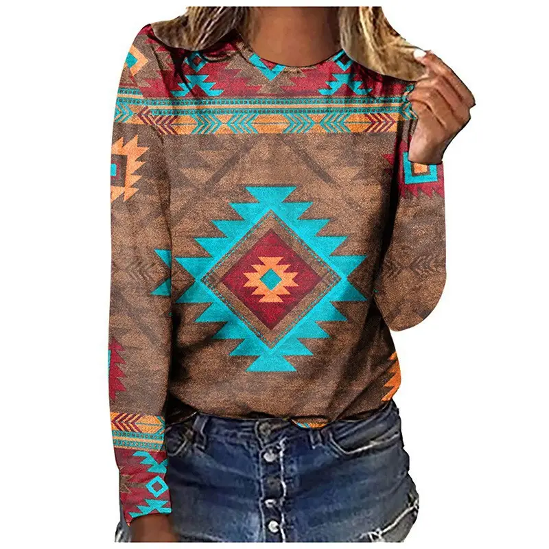 Cross-border European size long-sleeved T-shirt retro series 3D printed women's street long-sleeved sports T-shirt top Western Yama — feature 7