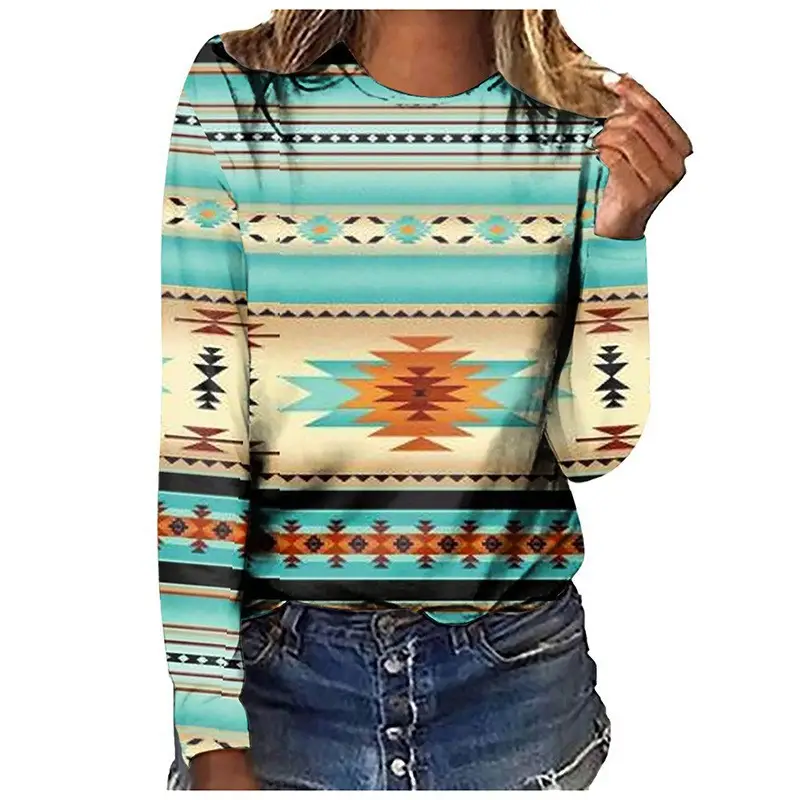 Cross-border European size long-sleeved T-shirt retro series 3D printed women's street long-sleeved sports T-shirt top Western Yama