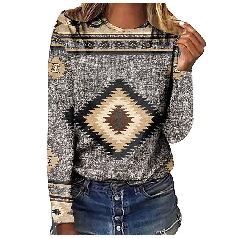 Cross-border European size long-sleeved T-shirt retro series 3D printed women's street long-sleeved sports T-shirt top Western Yama