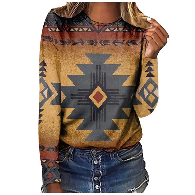 Cross-border European size long-sleeved T-shirt retro series 3D printed women's street long-sleeved sports T-shirt top Western Yama