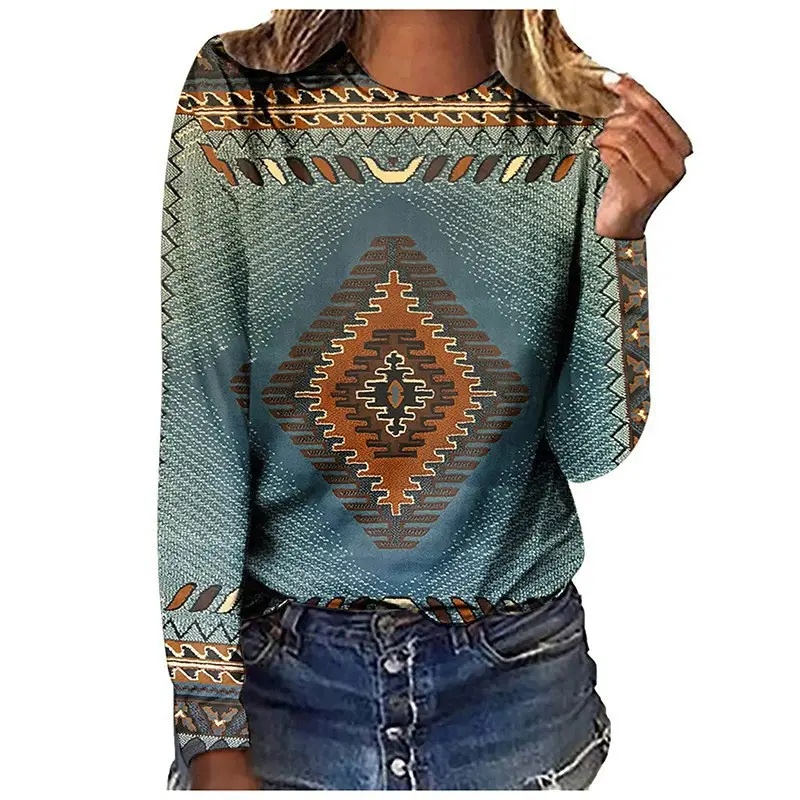 Cross-border European size long-sleeved T-shirt retro series 3D printed women's street long-sleeved sports T-shirt top Western Yama
