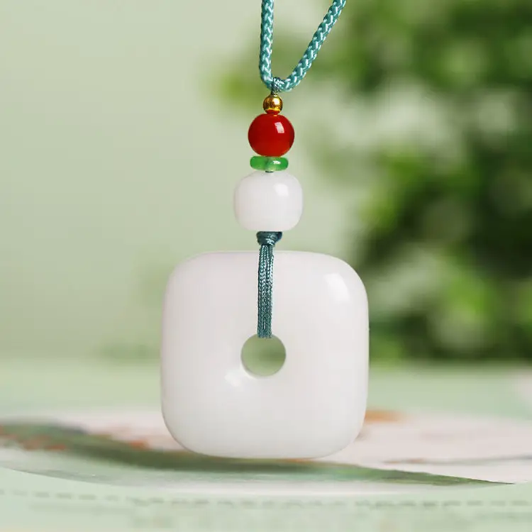 White Jade Jinshi Pendant with Red Stone - Image 4