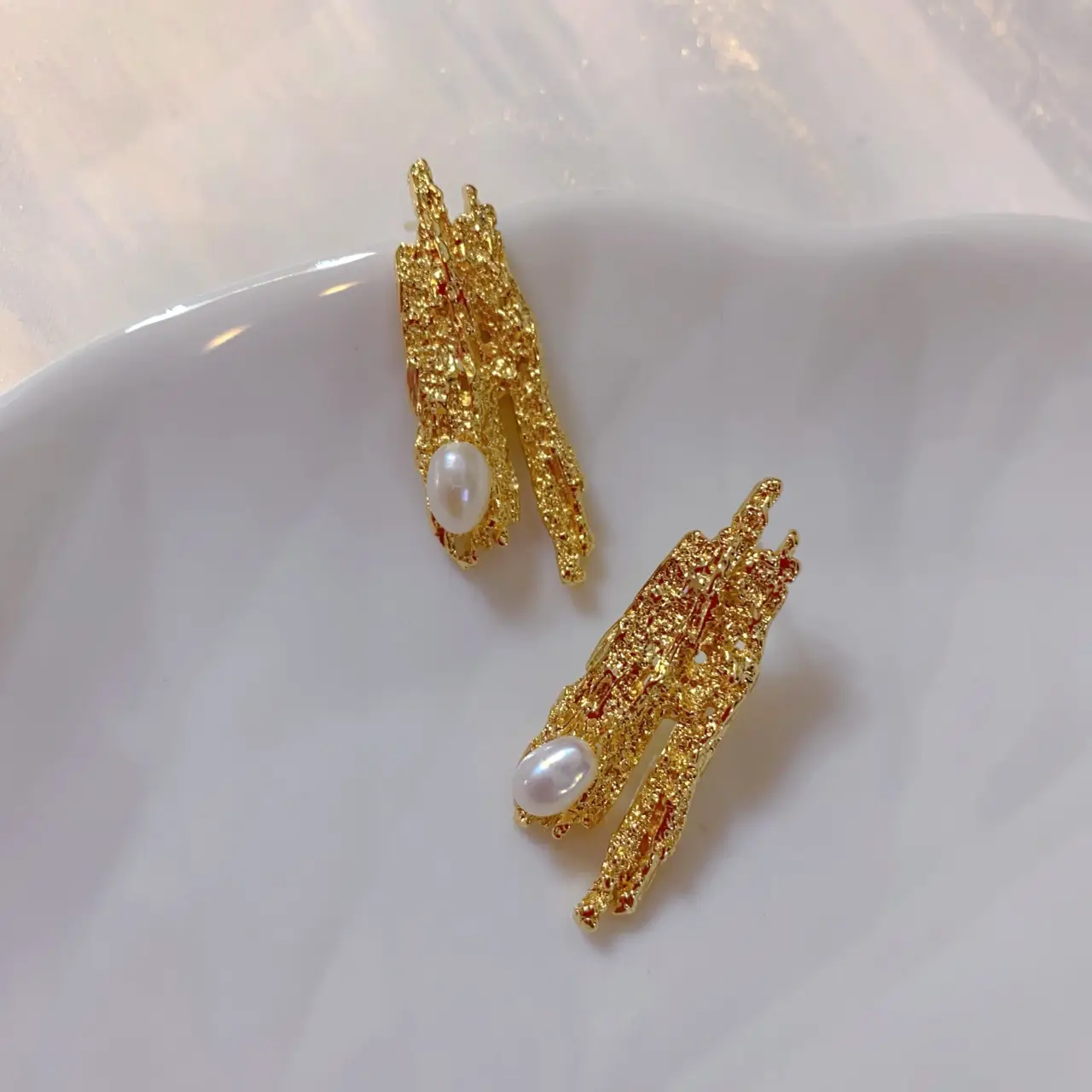 Romantic French Style Pearl Earrings Gold Minimalist Design