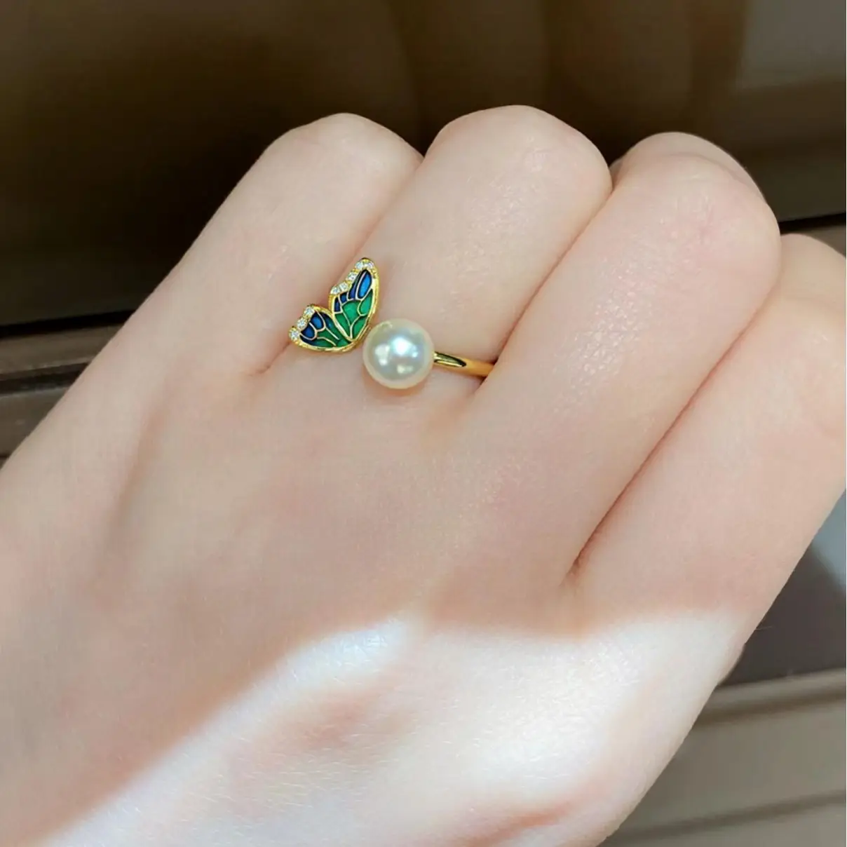 Butterfly Pearl Ring 18K Gold Real Gold Elect Plating - Image 4