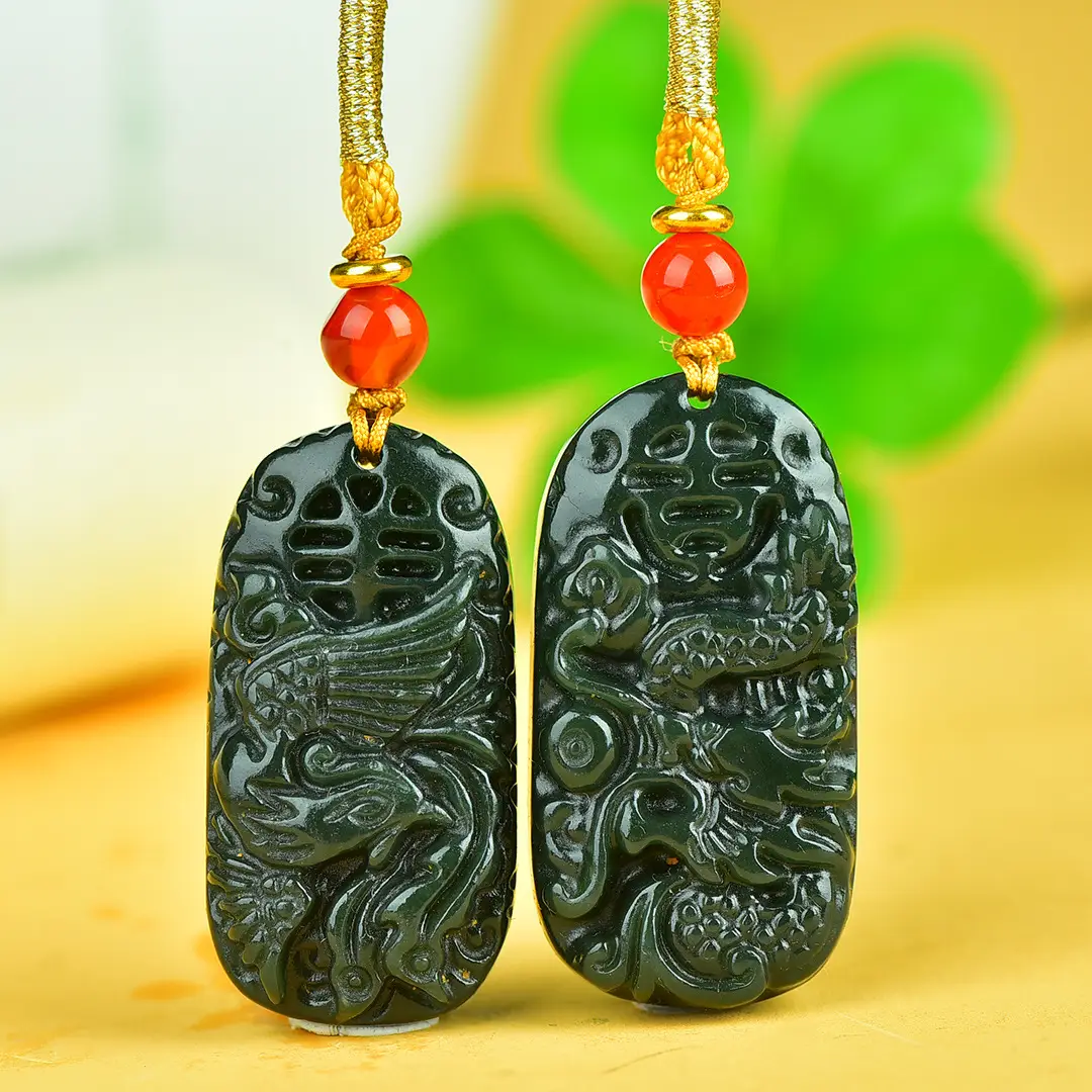 Hetian Jade Dragon & Phoenix Pendant Set - Image 3