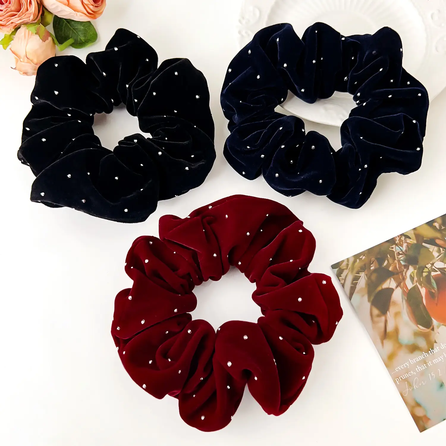 Velvet Rhinestone Hair Ring Red 12cm — feature 7