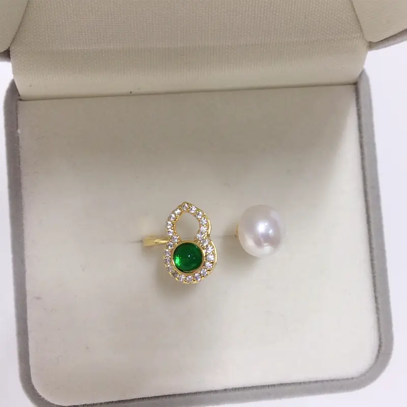 Natural Freshwater Pearl Ring 18K Gold Green Agate Live Broadcast One - Image 4
