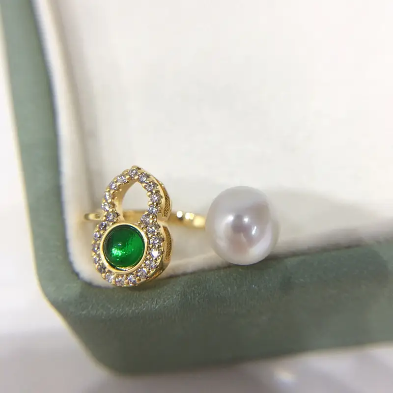 Natural Freshwater Pearl Ring 18K Gold Green Agate Live Broadcast One — feature 6