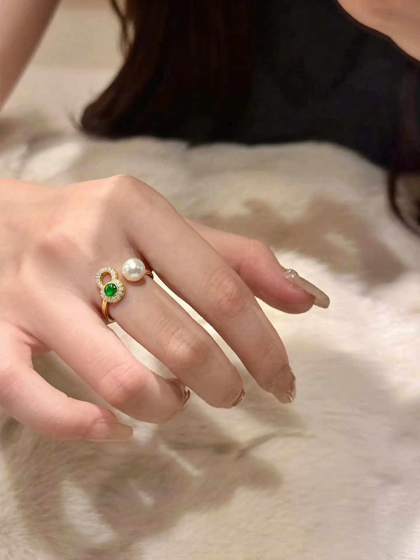 Natural Freshwater Pearl Ring 18K Gold Green Agate Live Broadcast One — feature 8