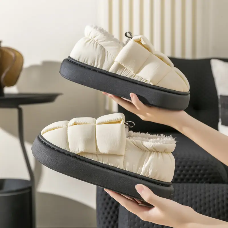 Down cotton slippers women's winter warm thick bottom fleece-lined waterproof indoor home simple cotton shoes Autumn lunar November shoes