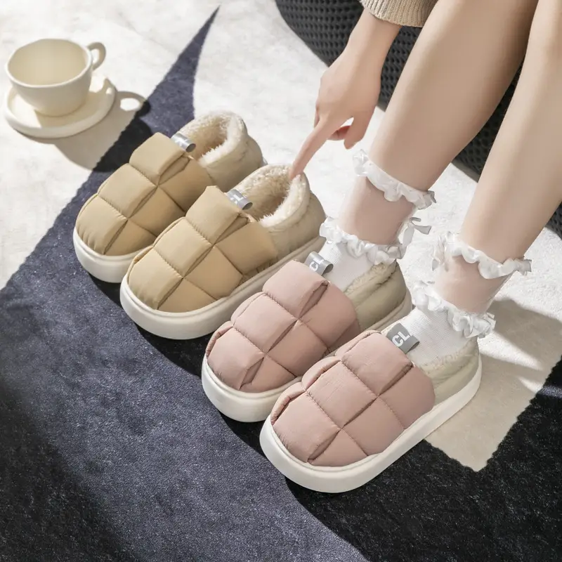 Down cotton slippers women's winter warm thick bottom fleece-lined waterproof indoor home simple cotton shoes Autumn lunar November shoes