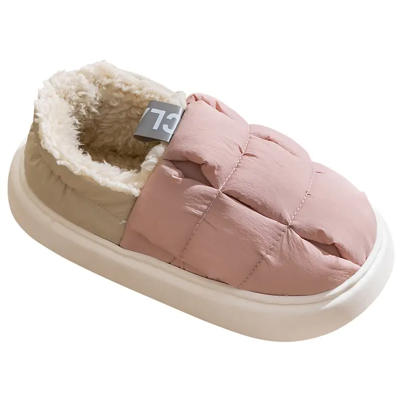Down cotton slippers women's winter warm thick bottom fleece-lined waterproof indoor home simple cotton shoes Autumn lunar November shoes