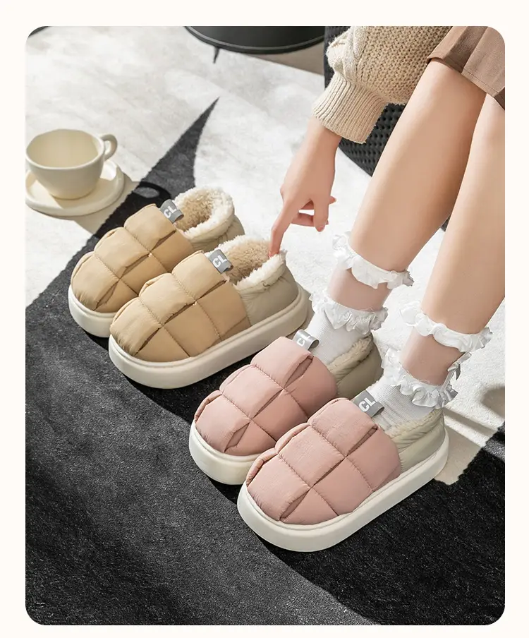 Down cotton slippers women's winter warm thick bottom fleece-lined waterproof indoor home simple cotton shoes Autumn lunar November shoes — feature 15