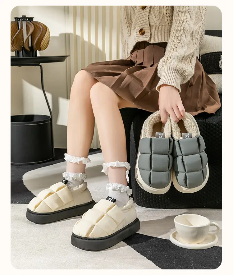 Down cotton slippers women's winter warm thick bottom fleece-lined waterproof indoor home simple cotton shoes Autumn lunar November shoes — feature 16