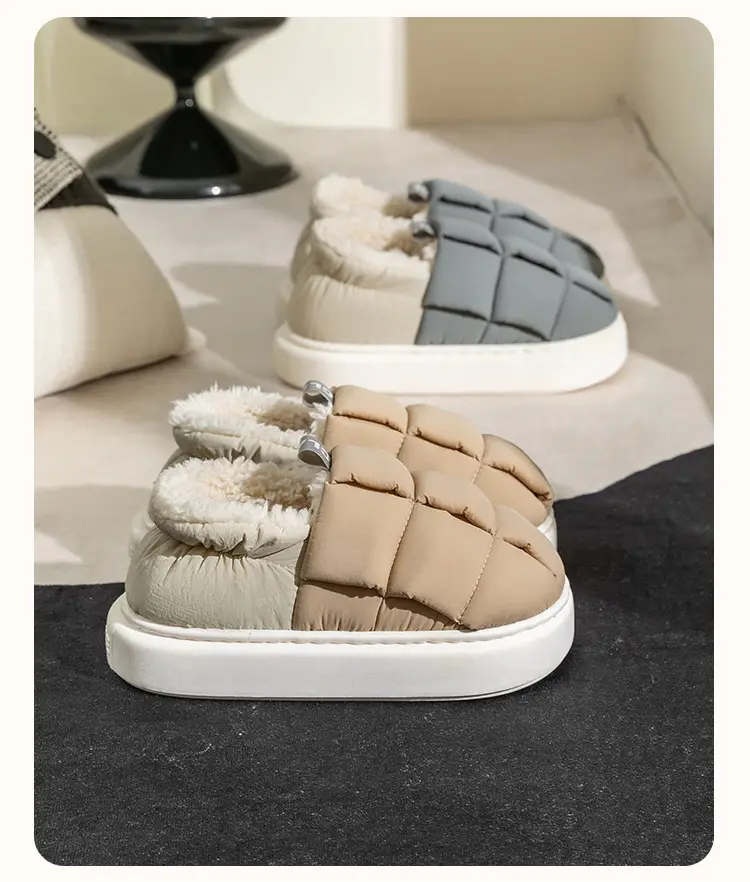 Down cotton slippers women's winter warm thick bottom fleece-lined waterproof indoor home simple cotton shoes Autumn lunar November shoes — feature 18