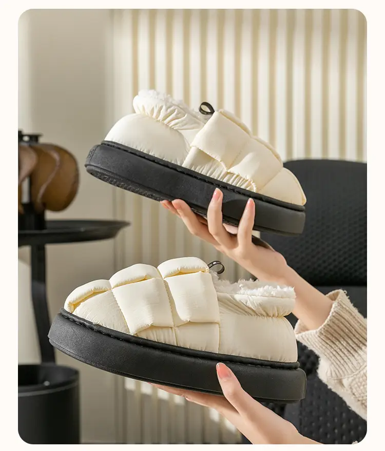 Down cotton slippers women's winter warm thick bottom fleece-lined waterproof indoor home simple cotton shoes Autumn lunar November shoes — feature 19