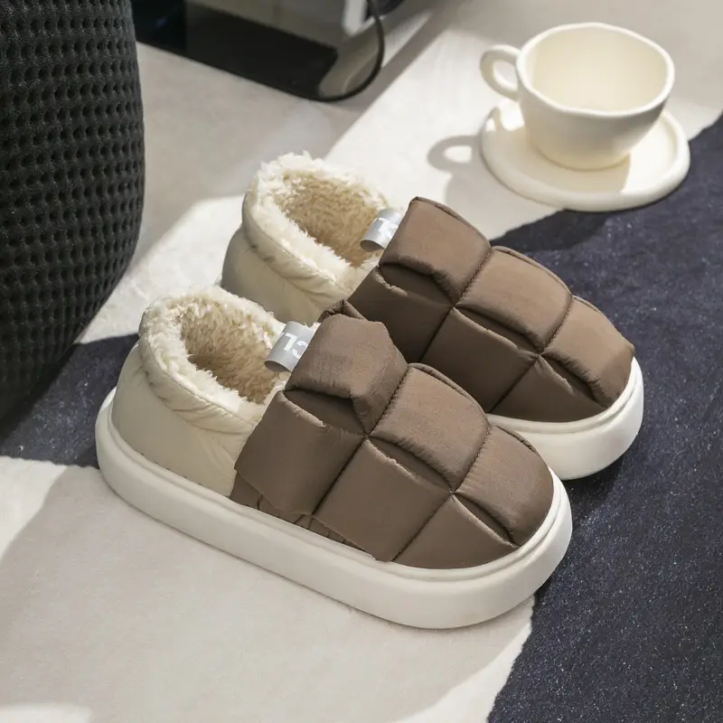 Down cotton slippers women's winter warm thick bottom fleece-lined waterproof indoor home simple cotton shoes Autumn lunar November shoes